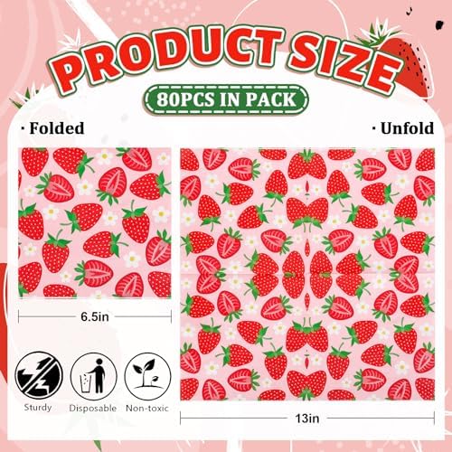 Whaline 80Pcs Strawberry Paper Napkins Fruit Disposable Napkins Red Pink Luncheon Dinner Table Napkin for Wedding Birthday Baby Shower Party Supplies