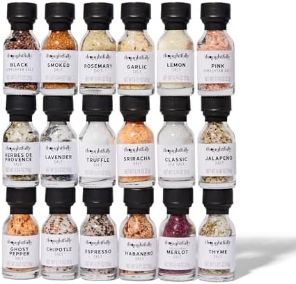 Thoughtfully Gourmet, Gourmet Salt Sampler Collection Gift Set, Vegan and Vegetarian, Uniquely Flavored Seasoning Salts Including Smoked, Truffle, Merlot, Lavender, Espresso and More, Set of 18