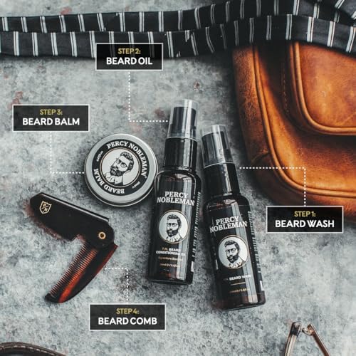 Percy Nobleman Beard Grooming Kit – Gift Set with Signature Scented Beard Oil (1.7 fl oz), Beard Wash (1.7 fl oz), Beard Balm (0.7 fl oz) & Beard Comb for Softening, Hydration & Beard Maintenance