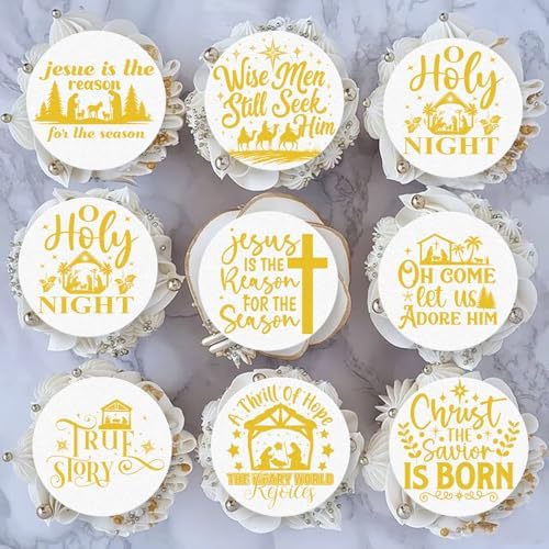 36PCS Edible Christmas Religious Nativity Cupcake Toppers Wafer Paper Happy Birthday Jesus Cupcake Picks Holy Nativity Toppers for Christmas Jesus Theme Party Decor Supplies (Pattern 3)