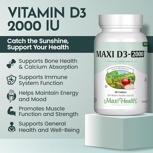 Maxi Health Vitamin D3 2000IU Tablets – Immune Support, Bone Health, and Muscle Function – Vitamin D 2000 IU Supplement for Adults – Kosher, Easy-to-Swallow, 90 Tablets