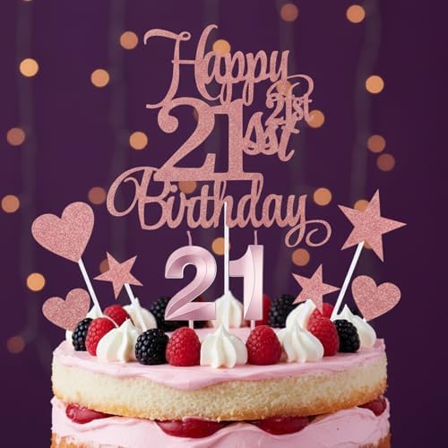 21st Birthday Cake Topper, Happy 21st Birthday Candles Numeral Candles and Glitter Cake Decorations Toppers Set Rose Gold Glitter Cheers to 21 Years Fabulous Cakes Decoration for Party Supplies