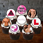 PRECUT Hen Party Cupcake Toppers, Edible Girls Night Cake Decorations, Edible Bachelorette Cake Decorations, Hen Night Cupcake Decoration, 4cm / 1.5 Inch wafer Card Discs (12)