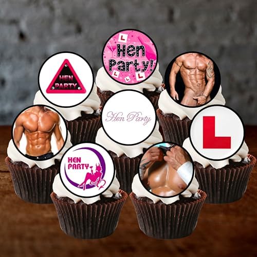 PRECUT Hen Party Cupcake Toppers, Edible Girls Night Cake Decorations, Edible Bachelorette Cake Decorations, Hen Night Cupcake Decoration, 4cm / 1.5 Inch wafer Card Discs (12)