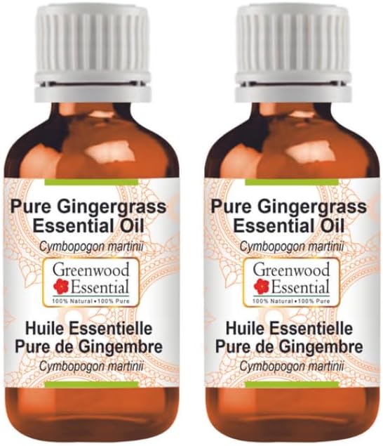 Greenwood Essential Pure Gingergrass Essential Oil (Cymbopogon martinii) Steam Distilled (Pack of Two) 15ml X 2 (1 oz)