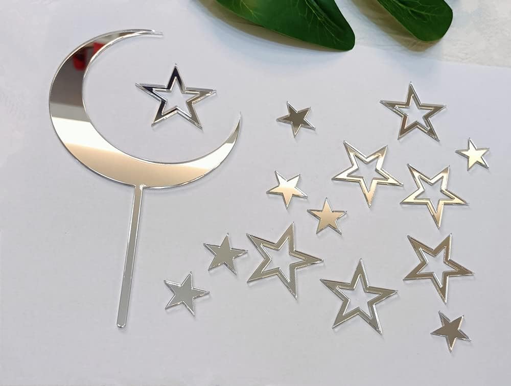 Set of 15pcs Moon and Hollow Stars Acrylic Cake Topper Set for Celestial Birthday Wedding Baby Shower Engagement Anniversary (Silver)