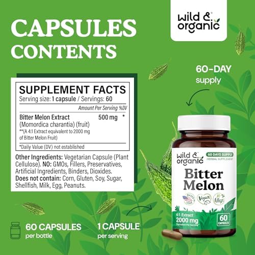 Wild & Organic Bitter Melon Capsules 500 mg - Overall & Digestive Support - Bitter Melon Extract Supplement - Momordica Charantia Capsules - Vegan, No Fillers, Non-GMO - 60 Count