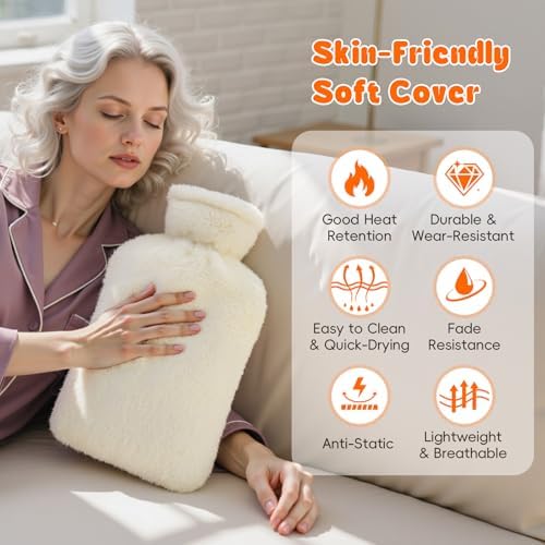 Dawdix 2L Natural Rubber Hot Water Bottle with Cover, Leakproof Design for Hot & Cold Compress, Ideal for Menstrual Cramps/Hand & Feet Warmer/Neck & Shoulder Pain Relief, Ultra-Soft Touch, Cream White