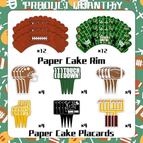 48Pcs Football Cupcake Toppers and Wrappers | Football Theme Birthday Sports Game Day Sunday Party Decoration Supplies