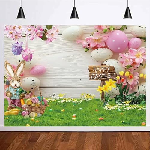 8x6ft Spring Happy Easter Photo Backdrops for Studio Baby Shower Party Portrait Banner Photography Bunny Rabbit Garden Grass Rustic Wood Background Flowers Grass Easter Eggs Props