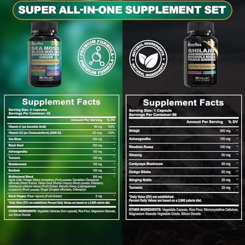 Boysea.Shilajit and Sea Moss Bundle- 90 Count - Sea Moss, Black Seed Oil, Ashwagandha, Ginger & Shilajit, Rhodiola Rosea, All in 1 Supplements (1 Pc)