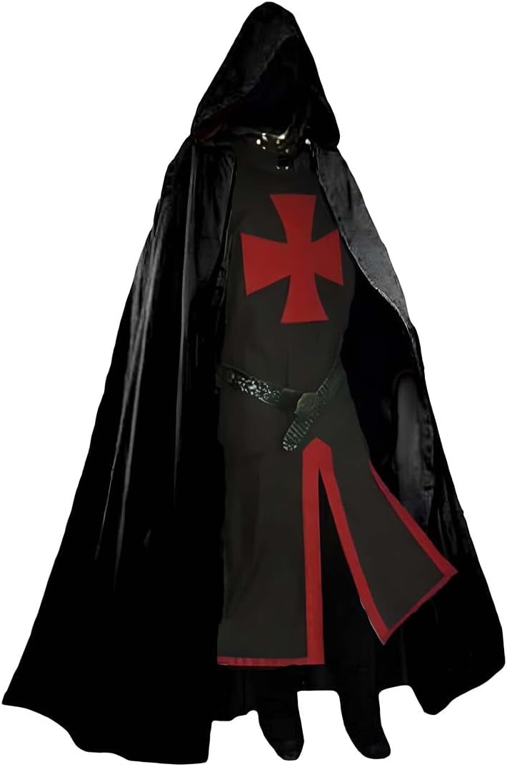 Medieval Crusader Knight Robe with Hooded Cloak & Surcoat for Warrior Renaissance Templar Tunic Epic Cosplay Costume