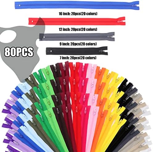 YAKA 80pcs 7 Inches 9 Inches 12 Inches 16 Inches Mixed Nylon Coil Zippers Colorful Sewing Zippers for Tailor Sewing Crafts, 20 Colors