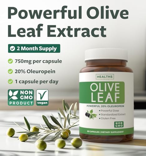 Super Strength Olive Leaf Extract Capsules - Vegan Non-GMO 750mg Olive Extract with 20% Oleuropein Antioxidant Supplement for Immunity Skin and Heart Health Support - Made in The USA (2 Month Supply)