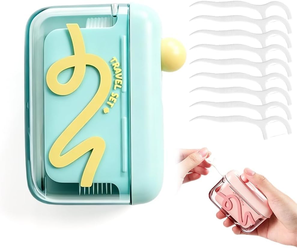 2 Pack Automatic Pop-Up Portable Floss Dispenser, Travel Sized Storage Case Pop Up Dispenser for Floss Picks, Floss Pick Dispenser One Touch, On-The-Go Oral Care (Green, Pink)