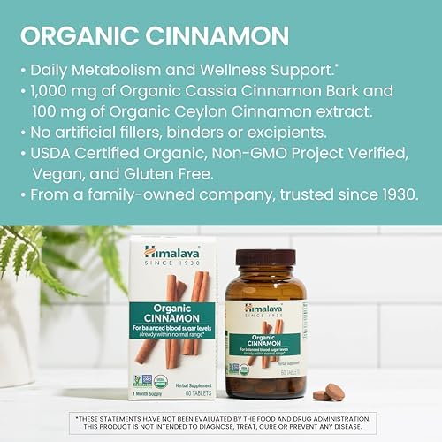 Himalaya Organic Cinnamon, 30 Day Supply - Herbal Glucose Metabolism Support - USDA Organic, Non-GMO, Vegan, Gluten Free, 1100 mg, 60 Tablets
