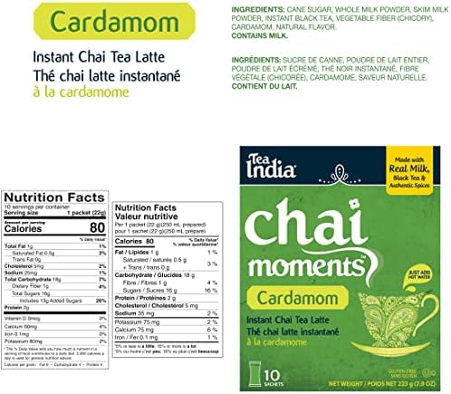 Tea India Chai Moments Cardamom Chai Tea Instant Latte Mix Flavorful Blend Of Premium Black Tea, Cardamom & Natural Ingredients Traditional Indian Tea Individually wrapped 10 Sachets