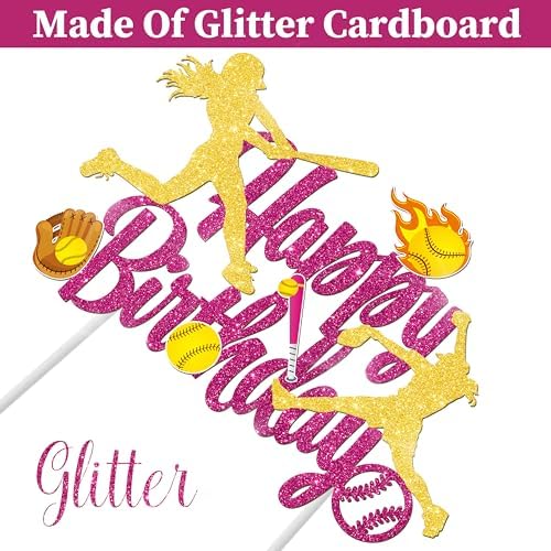 Rose Red Softball Player Birthday Party Cake Topper Decoration for Girls Sports Themed Supplies