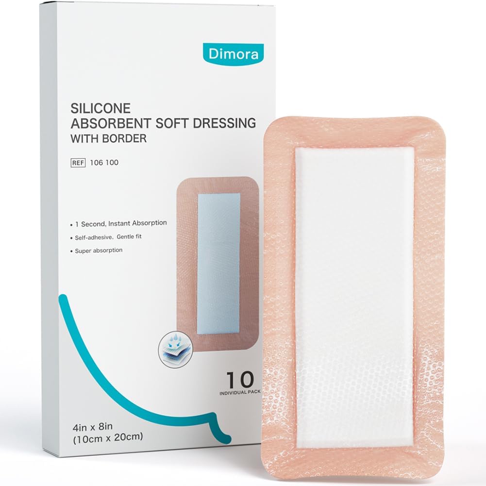 Dimora Silicone Ultra Absorbent Dressing Pads - Adhesive Wound Bandage with Gentle Border, Waterproof Soft Gauze for Post Surgical and Bed Sore Exudate Management 4"X 8" 10 Count