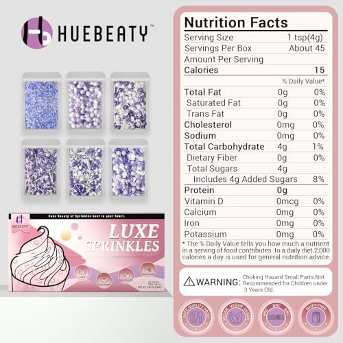 HUEBEATY® 6-in-1 Purple Sprinkles for Cake & Cupcake Decorating – 180g Edible Sanding Sugar & Pearl Sprinkles Mix for Birthday, Wedding, Unicorn & Mermaid Themes (Purple and Silver)