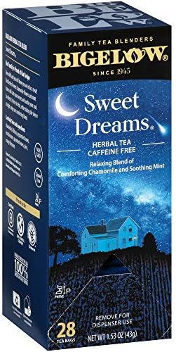 Bigelow Sweet Dreams Herbal Tea 28-Count Box (Pack of 1) Relaxing Blend of Chamomile & Mint Caffeine-Free Nighttime Herbal Tea in Individual Foil-Wrapped Bags