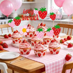 12Pcs Strawberry Baby Shower Glitter Cupcake Toppers Berry Sweet Baby Shower DecorationsStrawberry Fruit Cake & Dessert Topper Set For Baby Shower