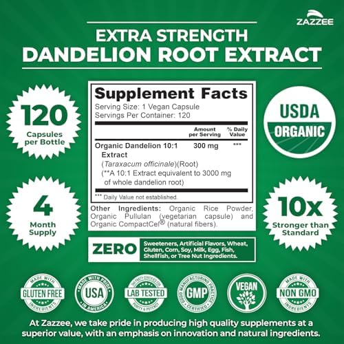 Zazzee USDA Organic Dandelion Root 10:1 Extract, 120 Capsules, 4 Month Supply, Liver & Detox Support, Taraxacum Officinale, Organic Herbal Supplement, All-Natural, Non-GMO, Made in the USA