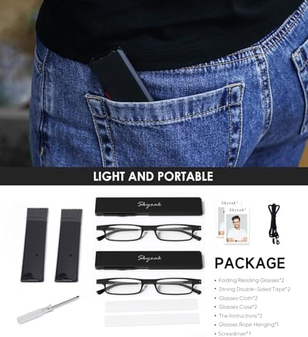 2 Pack Ultra Thin Lightweight Folding Reading Glasses Women Men TR90 Blue Light Blocking Anti UV/Eyestrain Foldable Compact Computer Readers Portable Unique Stretchable Slim Flat case Black +1.75