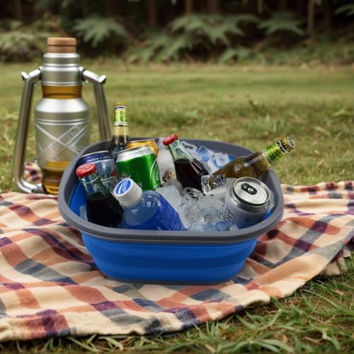 SAMMART 10L (2.6 Gallons) Collapsible Tub - Foldable Dish Tub - Portable Washing Basin - Space Saving Plastic Washtub (Dark Grey/Blue, 1)