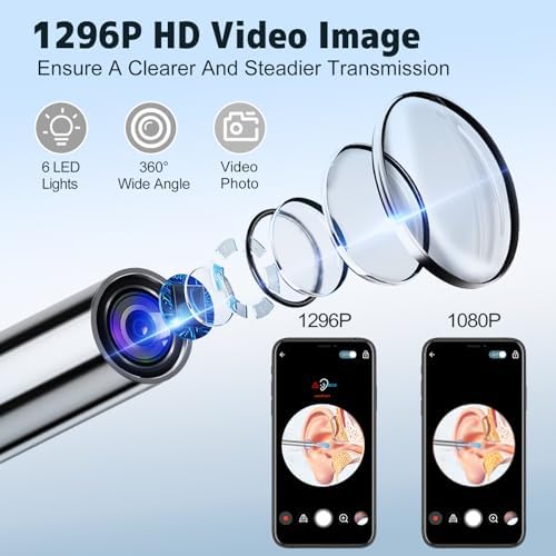 Ear Wax Removal, Ear Cleaner with Camera, Ears Wax Removal Kit with 1296P HD Ear Otoscope with 6 LED Lights, Earwax Removal Tool for iPhone, iPad & Android Smart Phones (Black, Standard)