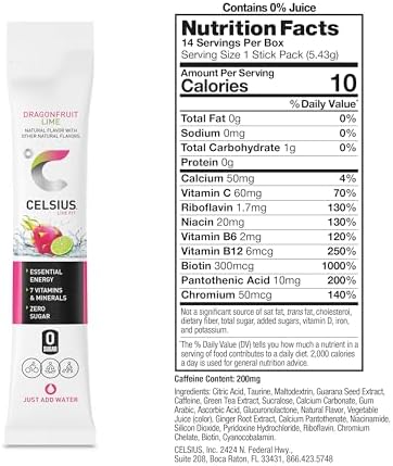 CELSIUS® On-The-Go Powder Sticks Dragonfruit Lime, Essential Energy 2.8 Oz