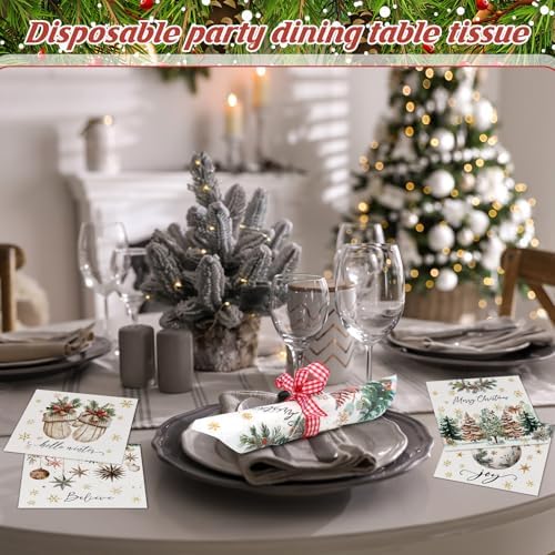 Fulmoon Christmas Cocktail Paper Napkins Disposable 2 Ply Santa Beverage Napkins Decoupage Xmas Tree Towel for Christmas Party Dinner Table Supplies(200 Pcs,Elegant Style)