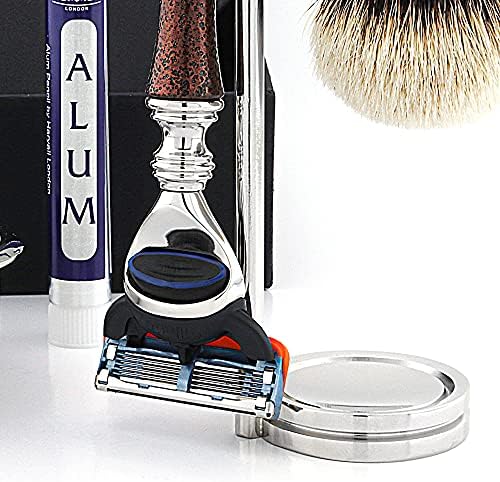 Haryali London 6 Pc Mens Shaving Kit 5 Edge Razor with Silver Tip Badger Hair Shaving Brush, Stand, Soap, Bowl and Alum Perfect Set for Men
