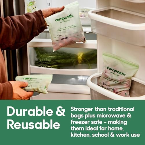 Compostic Home Compostable Resealable Sandwich Bags, Microwave & Freezer Safe, Organic Food Storage Container, 60 Count