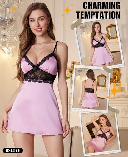 RSLOVE Women's Lingerie Sexy Nightgown – V Neck Satin Babydoll Chemise Lace Slip Dress Sleepwear Loungewear