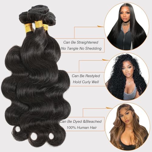 CSCHS 12A Human Hair Bundles 22 24 26 Inch Body Wave Bundles Human Hair 100% Unprocessed Brazilian Virgin Hair Quick Weave Extensions Natural Black