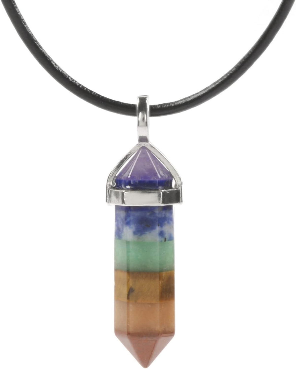 Justinstones Natural Gemstone Hexagonal Pointed Reiki Chakra Pendant Genuine Leather Necklace 18"