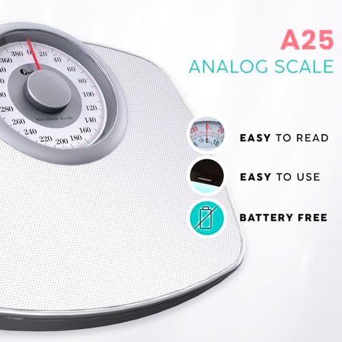 Adamson A25 Scales for Body Weight - Up to 400 LB - 5.3" Dial on 12.4" x 10.2" Platform - Anti-Skid Rubber Surface - High Precision Bathroom Scale Analog - Durable with 20-Year Assurance - Full White