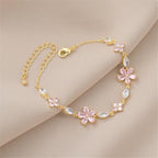 Pink Crystal Cherry Blossom Flower Chain Link Bracelet For Women Gold Silver Plated Fashion Cute Delicate CZ Petal Floral Sakura Bangle Bracelets Adjustable Sweet Dainty Fine Jewelry Gifts For Her