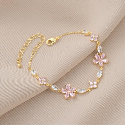 Pink Crystal Cherry Blossom Flower Chain Link Bracelet For Women Gold Silver Plated Fashion Cute Delicate CZ Petal Floral Sakura Bangle Bracelets Adjustable Sweet Dainty Fine Jewelry Gifts For Her