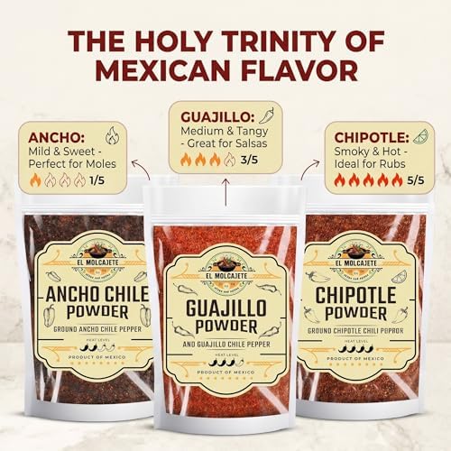 Chile Powder Ancho, Guajillo, Chipotle Variety Pack (4oz Each) – Dry Chili Pepper Powders for Traditional Mexican Cooking, Bold Flavors for Sauces, Marinades and Rubs By El Molcajete