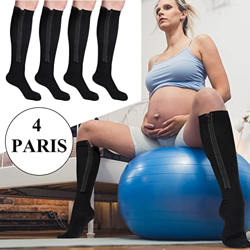Tarpop 4 Pair Zipper Compression Socks Closed Toe 20-30 Mmhg Calf Knee High Compression Stocking for Men Women Swelling Edema