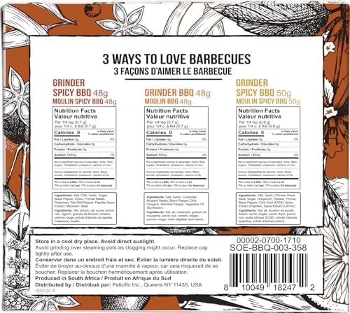 Soeos Spice Seasoning Set of 3, 5.2oz(146g), With Integrated Grinders, Salt and Pepper Grinder Set, Pure and Fresh Perfect for BBQ Seasoning Gift Set, Grilling Spice, Herb, Spice & Seasoning Gifts