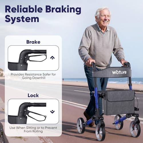 WOTURE Foldable Rollator Walker with Seat & Backrest – 8" All Terrain Wheels for Indoor/Outdoor Use, Lightweight Mobility Aid with Storage Bag & Cane Holder, Adjustable Handles & Brakes, Blue