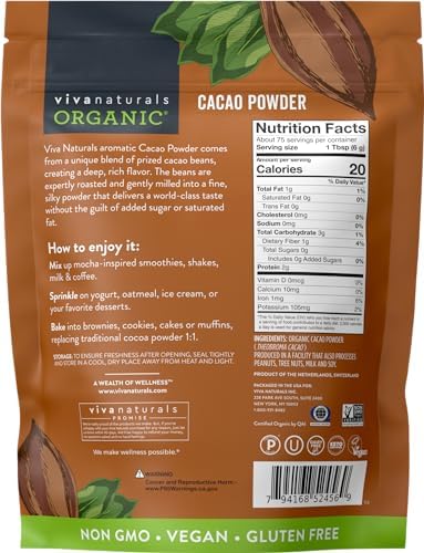 Organic Cacao Powder, Unsweetened, 1 lb (454 g) – Rich Dark Chocolate Flavor, Perfect for Baking, Smoothies & Hot Chocolate – Vegan, Keto, Paleo, Non-GMO & Gluten-Free Cocoa Powder