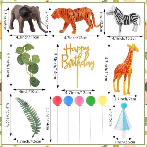 Hooqict 34 Pcs Safari Animal Cake Toppers with Mini Birthday Party Hats Party Animal Birthday Decorations Jungle Cake Decorations for Kids Wild Zoo Theme Party Decorations