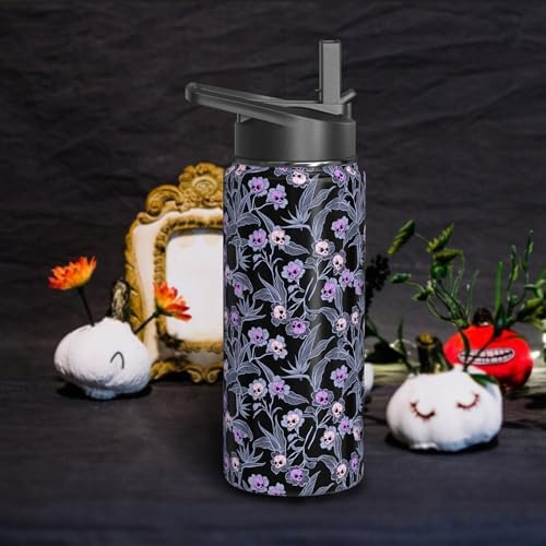Goth Skull 32oz Water Bottles with Flip Straw & Spout Lid, Gothic Floral Stainless Steel Travel Sport Water Bottle, Holiday Gifts for Women Girls (1 PC)