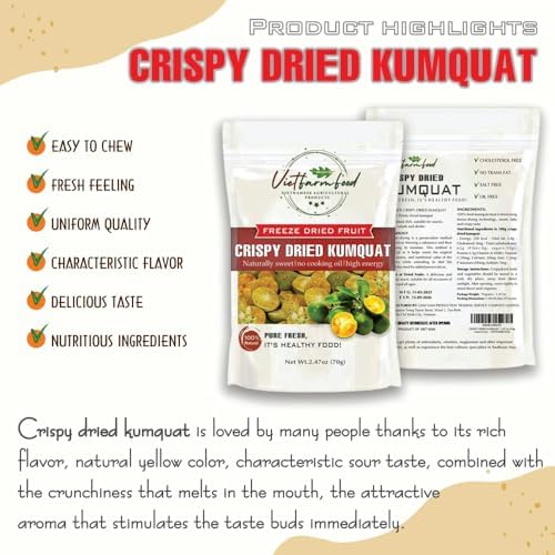 CRISPY DRIED KUMQUAT 2.47 oz (70g) VIETFARMFOOD: Freeze-dried, no sugar added, naturally sour. Nutritious, pure, and crunchy. Great for snacking, toppings, desserts or healthy gifting