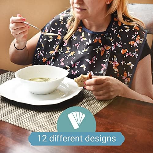 12 Pack Adult Bibs with Crumb Catcher - Waterproof and Reusable Clothing Protectors for Elderly, Seniors and Disabled