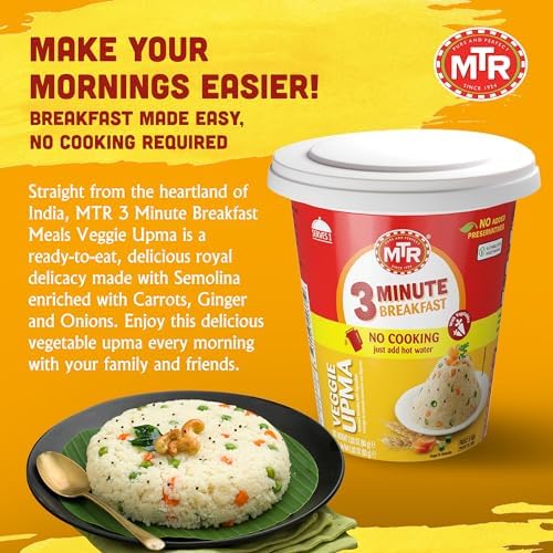 MTR 3minute Veggie Poha - Ready-to-Cook Mix - Authentic Indian Food in Just 3 Minutes - 100% Vegetarian - No Added Preservatives - Just Add Hot Water - Quick & Easy ((Veggie Upma Cup - 80g, Pack of 1)